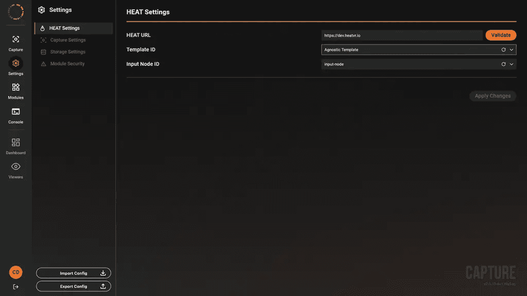 HEAT Settings page showing the HEAT URL field with a validated connection, and the Template ID and Input Node ID selectors.